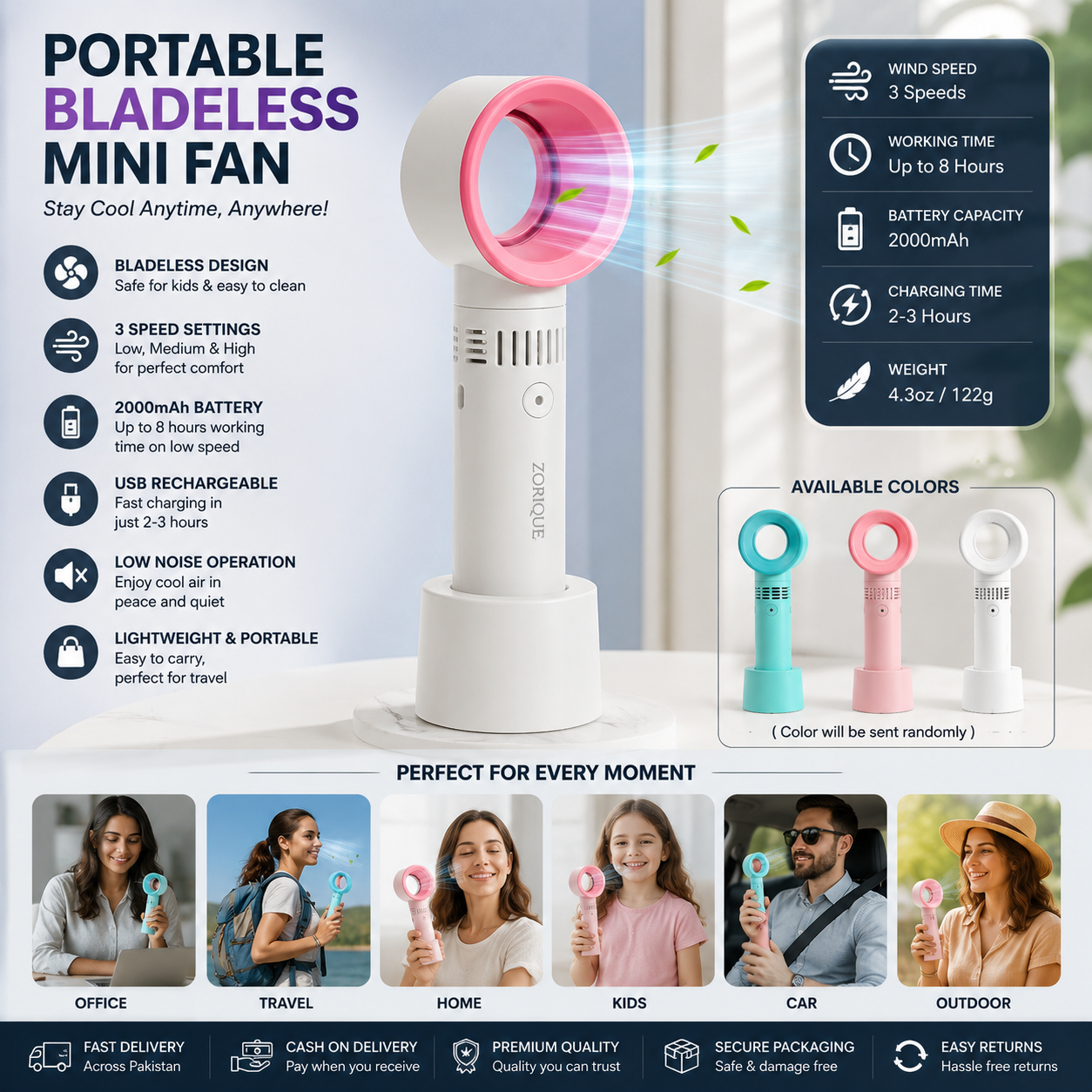 Imported : Portable Bladeless Rechargeable Mini Hand Fan – 3 Speed USB Cooling Fan with 2000mAh Battery