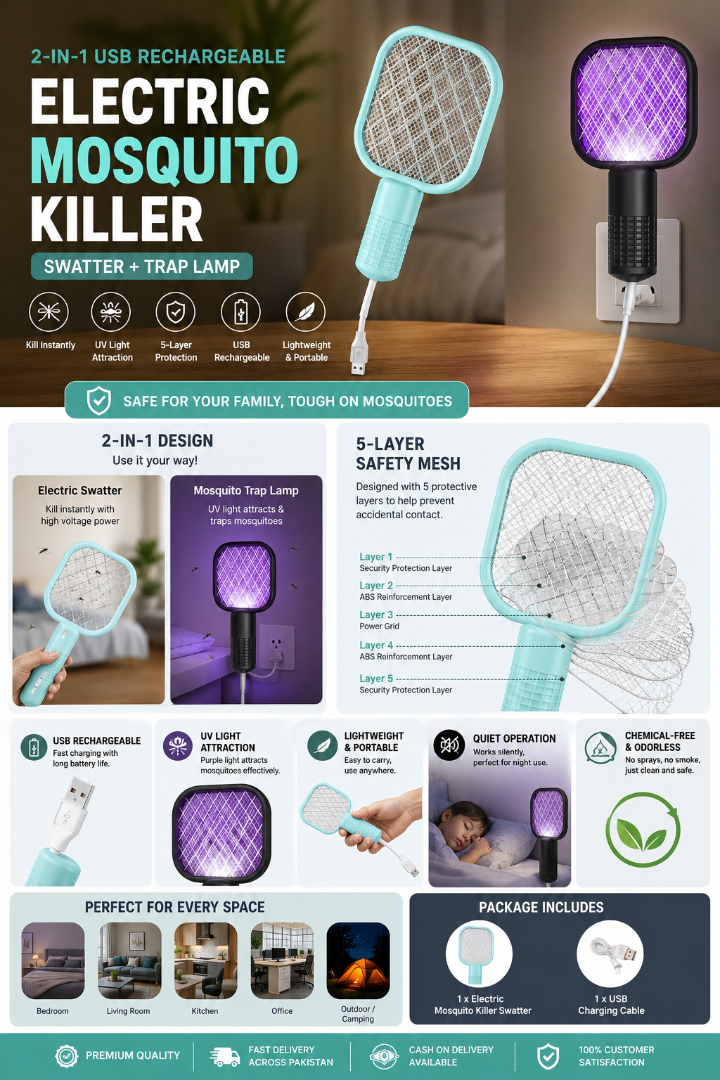2-in-1 USB Rechargeable Electric Mosquito Killer Lamp & Swatter