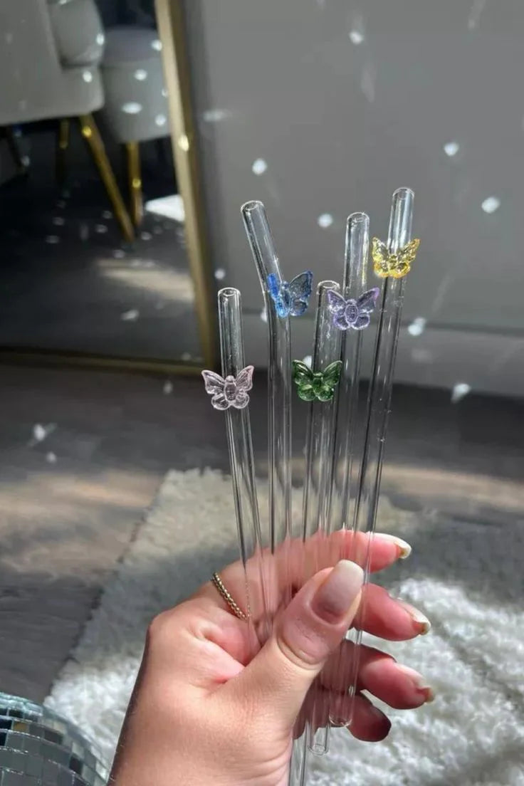 Premium Reusable Glass Drinking Straw with Butterfly Design – Eco-Friendly Smoothie & Juice Straw