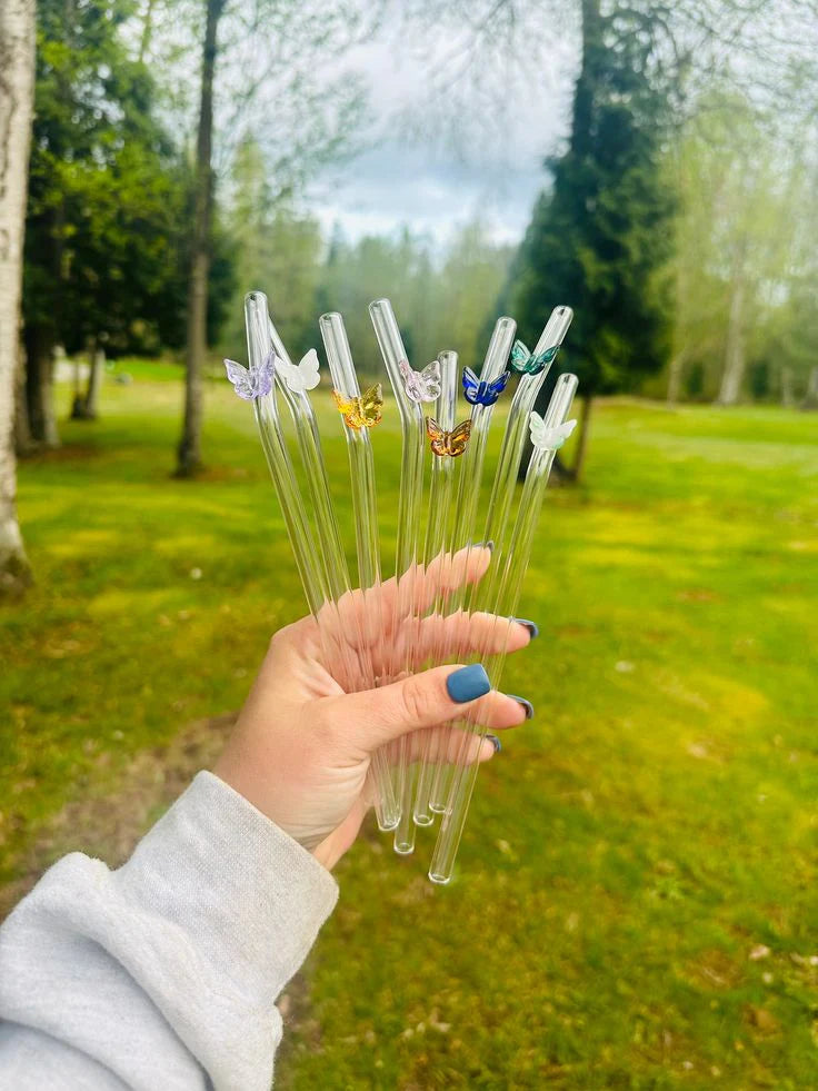 Premium Reusable Glass Drinking Straw with Butterfly Design – Eco-Friendly Smoothie & Juice Straw