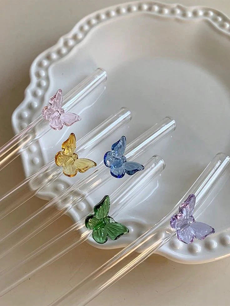 Premium Reusable Glass Drinking Straw with Butterfly Design – Eco-Friendly Smoothie & Juice Straw
