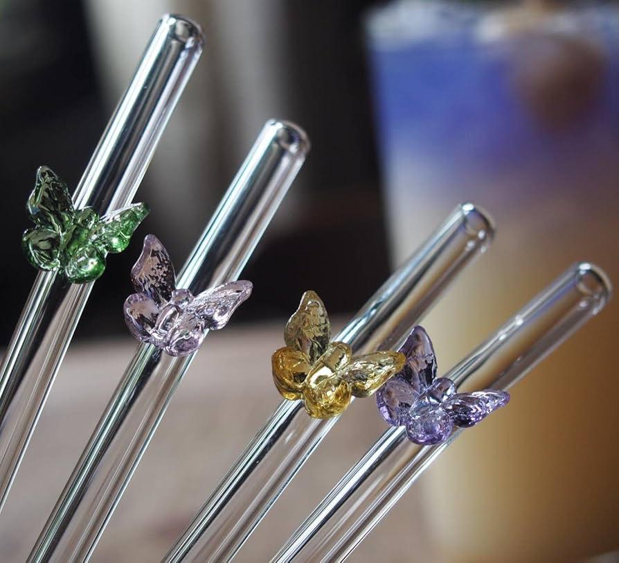 Premium Reusable Glass Drinking Straw with Butterfly Design – Eco-Friendly Smoothie & Juice Straw