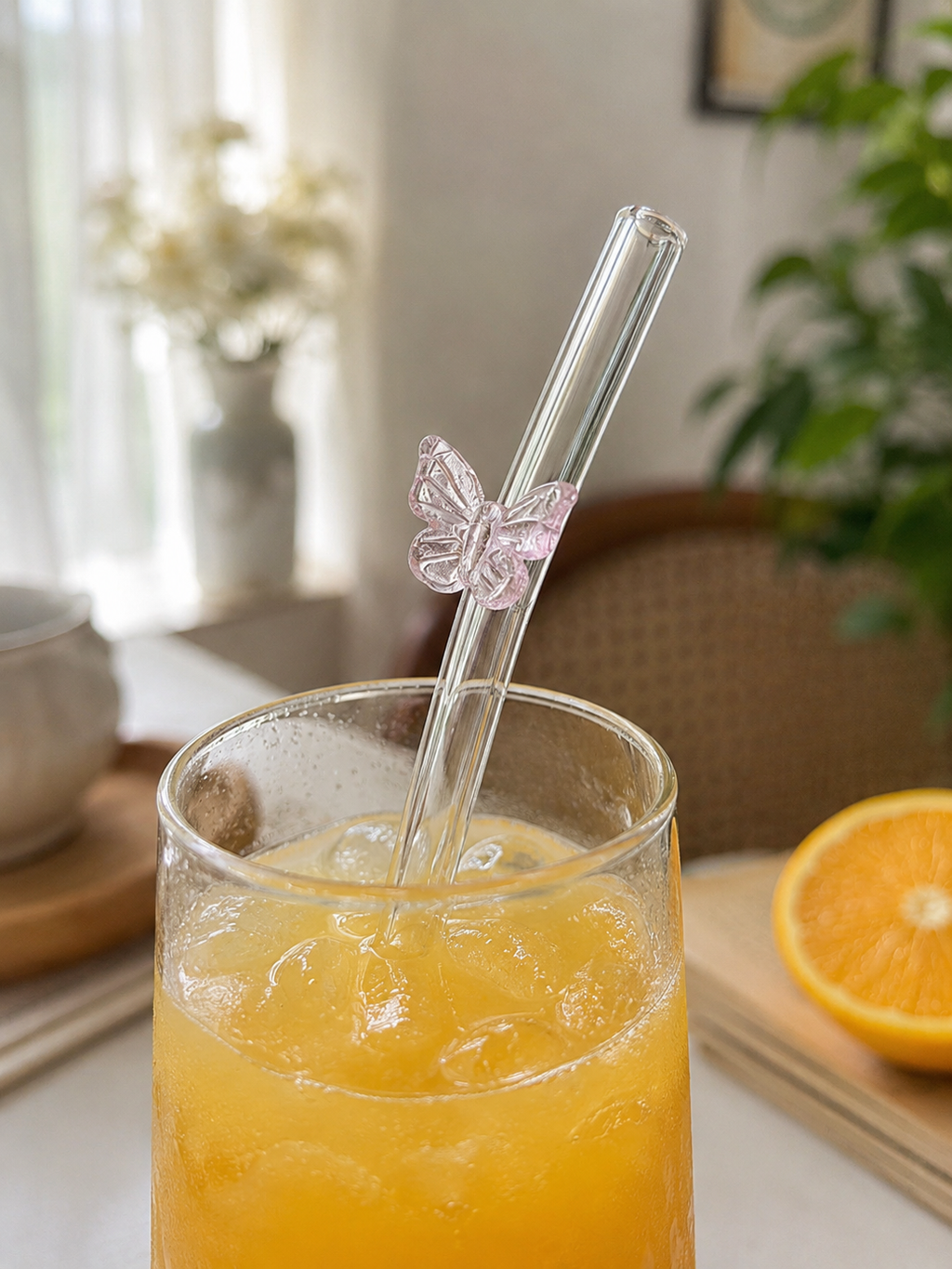 Premium Reusable Glass Drinking Straw with Butterfly Design – Eco-Friendly Smoothie & Juice Straw