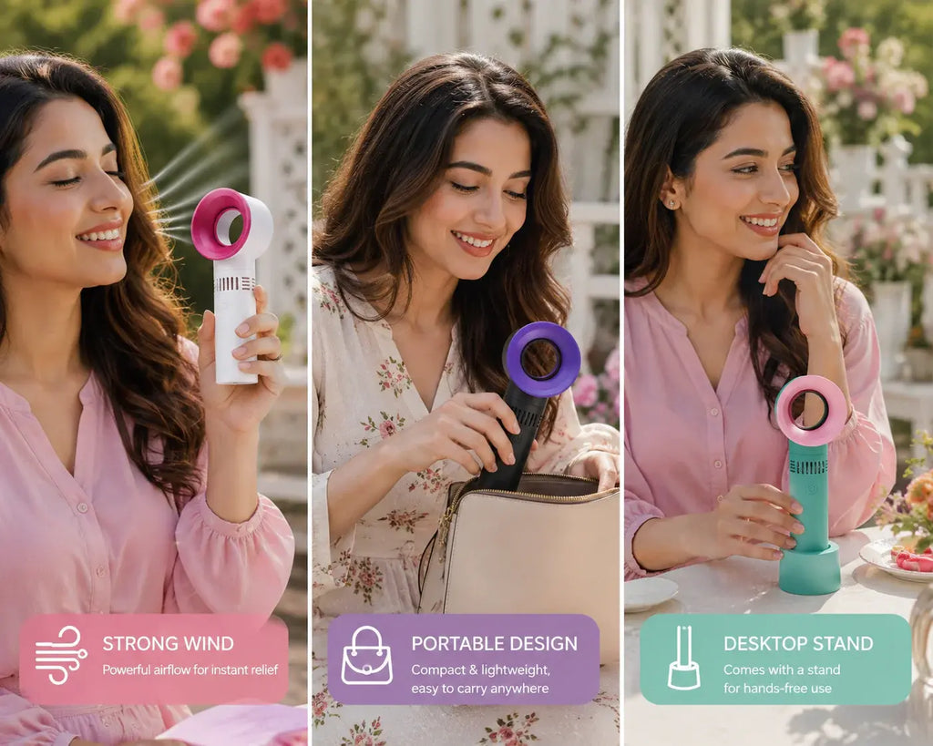 Imported : Portable Bladeless Rechargeable Mini Hand Fan – 3 Speed USB Cooling Fan with 2000mAh Battery