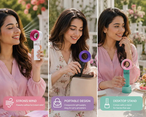 Imported : Portable Bladeless Rechargeable Mini Hand Fan – 3 Speed USB Cooling Fan with 2000mAh Battery