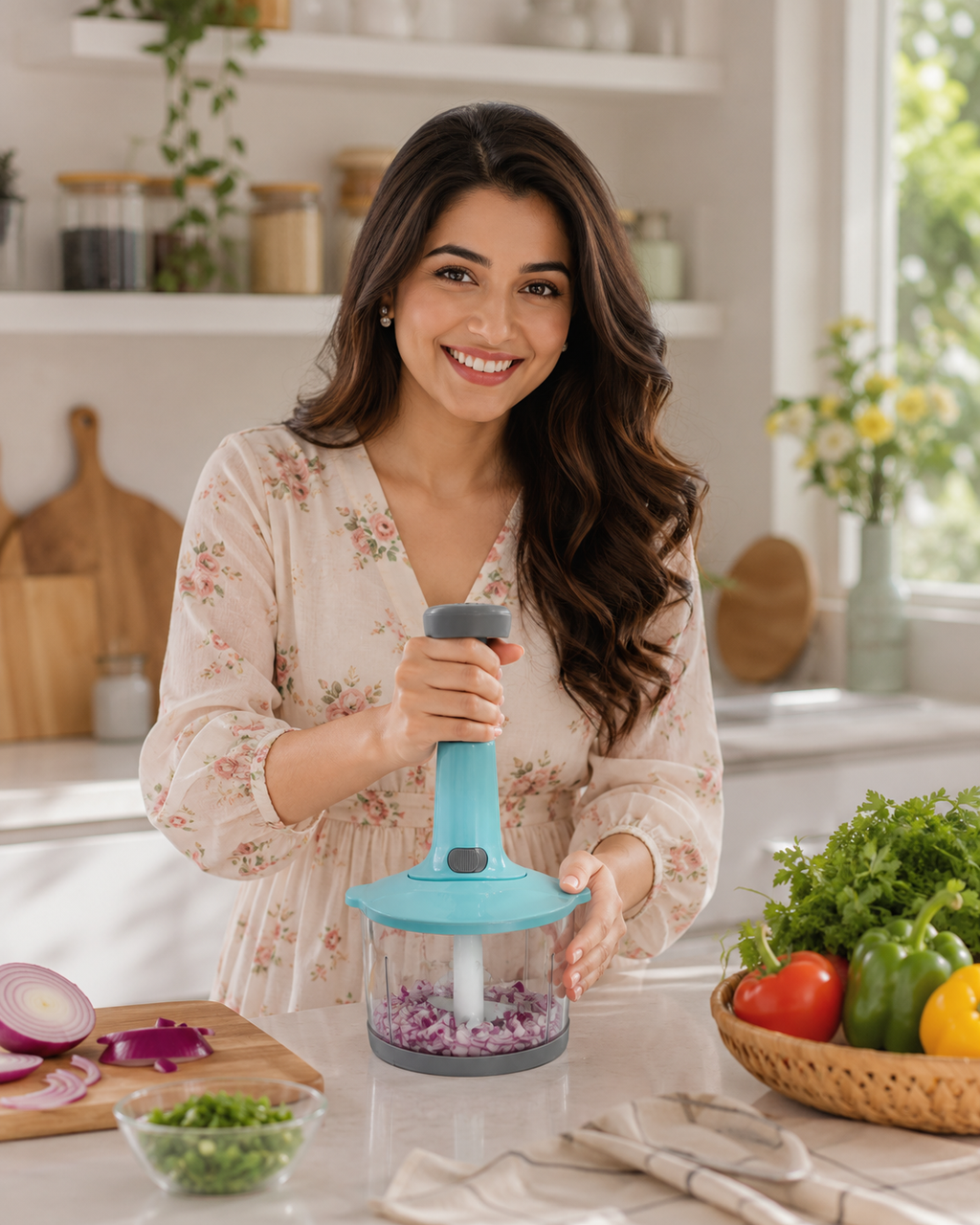 Hand press vegetable chopper with stainless steel blades