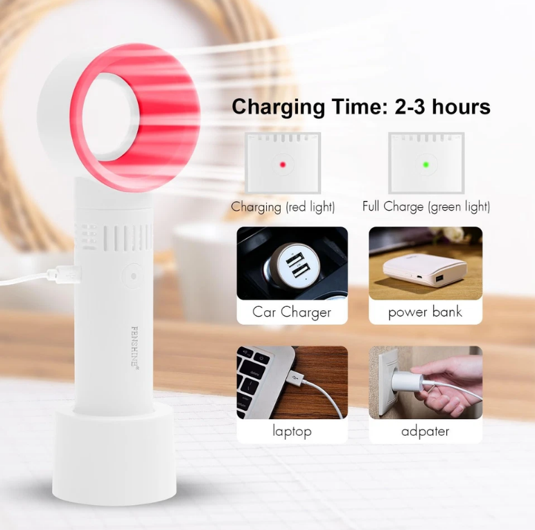 Imported : Portable Bladeless Rechargeable Mini Hand Fan – 3 Speed USB Cooling Fan with 2000mAh Battery