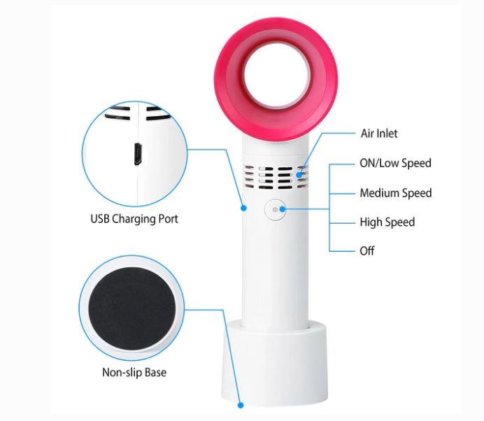 Imported : Portable Bladeless Rechargeable Mini Hand Fan – 3 Speed USB Cooling Fan with 2000mAh Battery