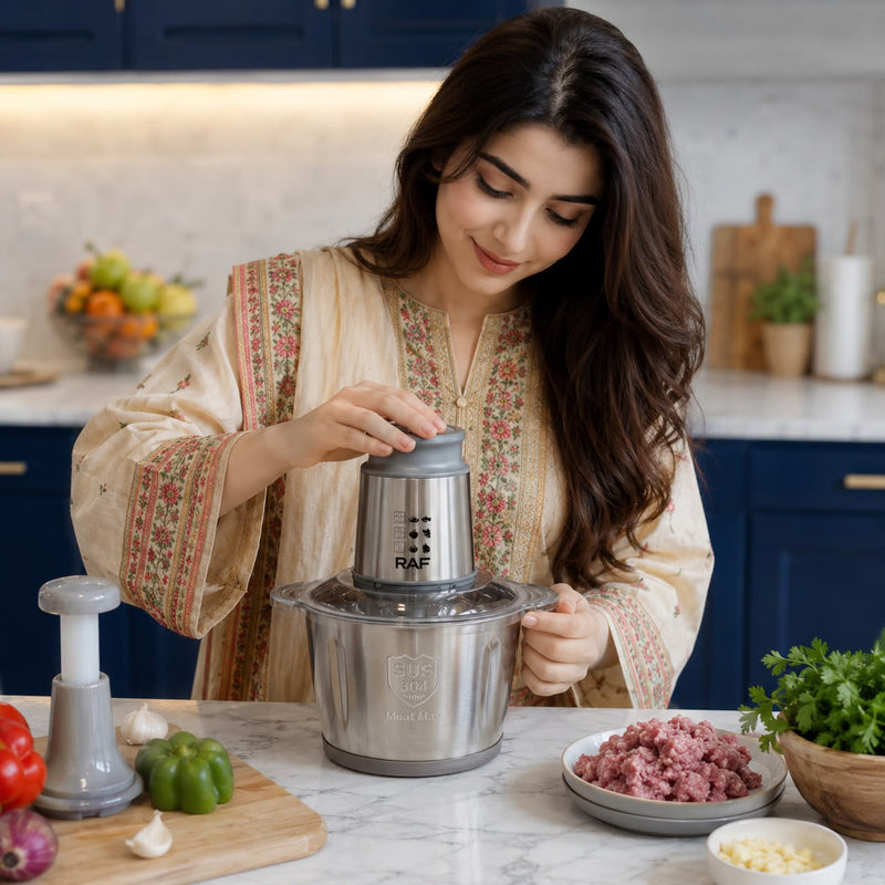 RAF electric meat and vegetable chopper with stainless steel bowl for kitchen food preparation