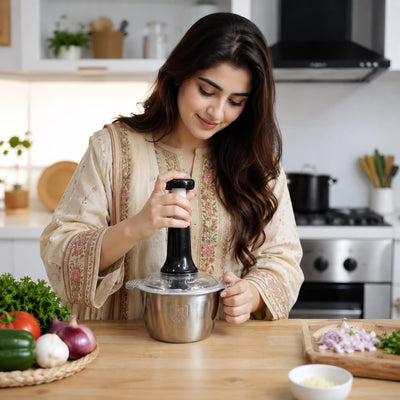 Manual push vegetable chopper with stainless steel bowl for chopping onions garlic vegetables and herbs